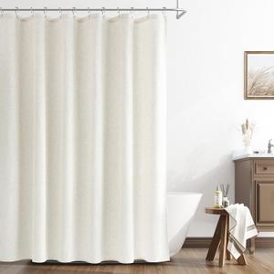 Naturoom Cream Linen Shower Curtain 74 Inch Long Weighted Fabric Bath Shower Curtain Set with Hooks, XLong Tall Country Farmhouse Curtains for Bathroom,Water Repellent, 72x74