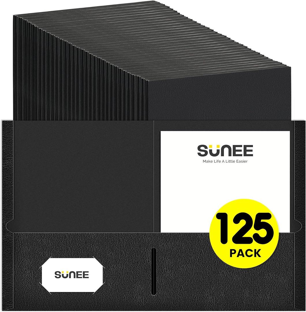 SUNEE Folders with Pockets(125 Pack, Black), 2 Pocket Folders Fit Letter Size Paper, Paper File Folder for School Office Home Business