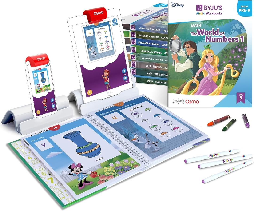 BYJUS Learning Kit: Disney, Pre-K Premium Edition (App + 9 Workbooks) - Preschool, Ages 3-5, Featuring Disney & Pixar Characters- Learn Numbers, Letters, Shapes & Colors - Osmo iPad Base Included