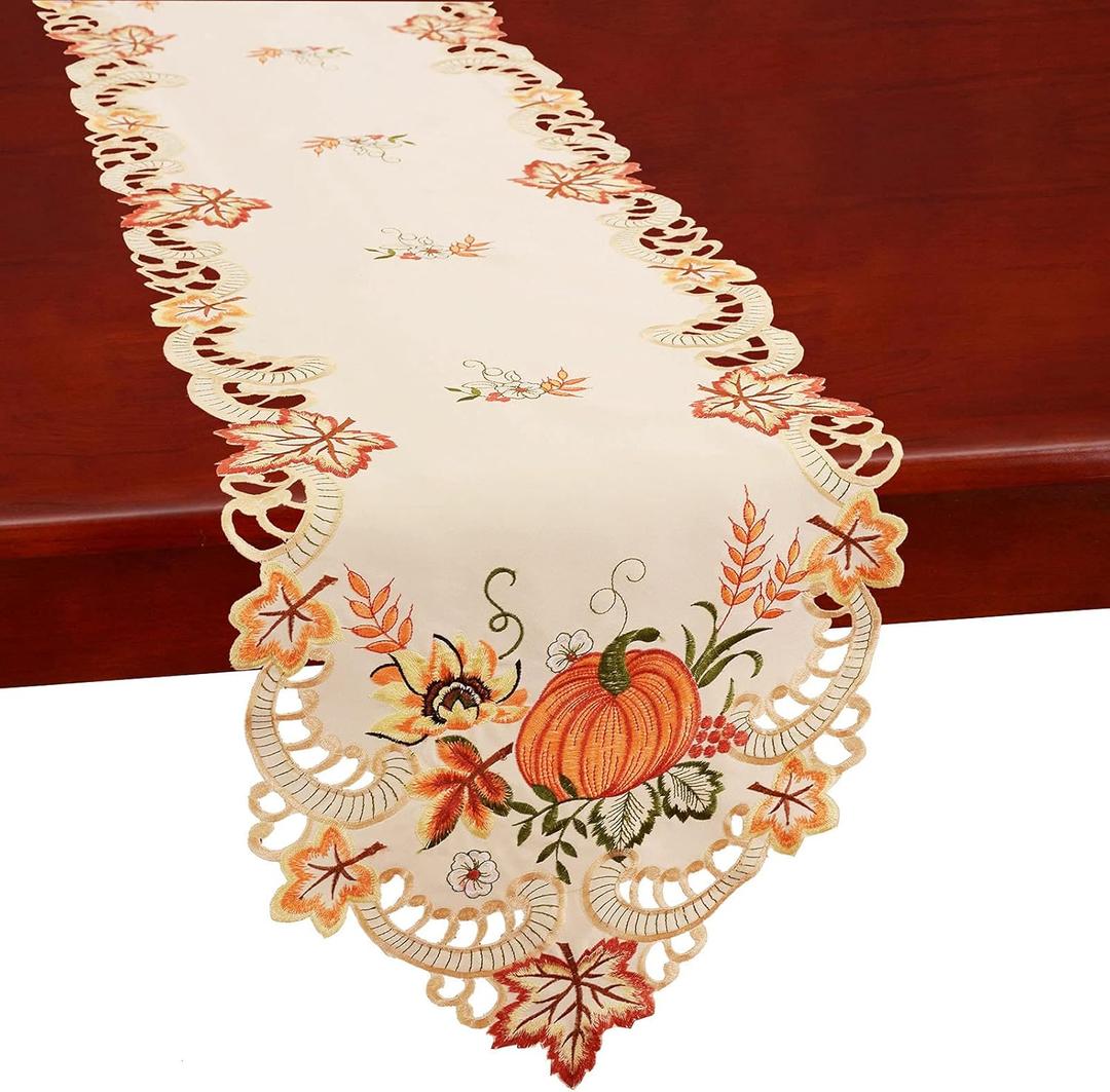 Simhomsen Thanksgiving Harvest Pumpkins Table Runners for Autumn Or Fall Decorations, Embroidery (14  69 Inches)
