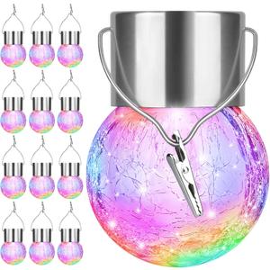 12Pack Outdoor Hanging Solar Lights - Cracked Glass Solar Lights Waterproof LED Decorative Ball Lights Tree Solar Powered Globe Lights with Hook for Garden Yard Fence Christmas Decoration, Multicolor