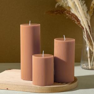 Ribbed Pillar Candles Set of 3, Width 3" High 4" 6" 8" Large Soy Wax Scented Pillar Candles Aesthetic Ribbed Modern Home Decor for Bathroom Living Room(Brown) (Brown)