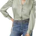 Womens Bay Leaf Satin Y Neck Ruched Shoulder Shirt Long Sleeve Tops Dressy Business Casual Blouse (M)