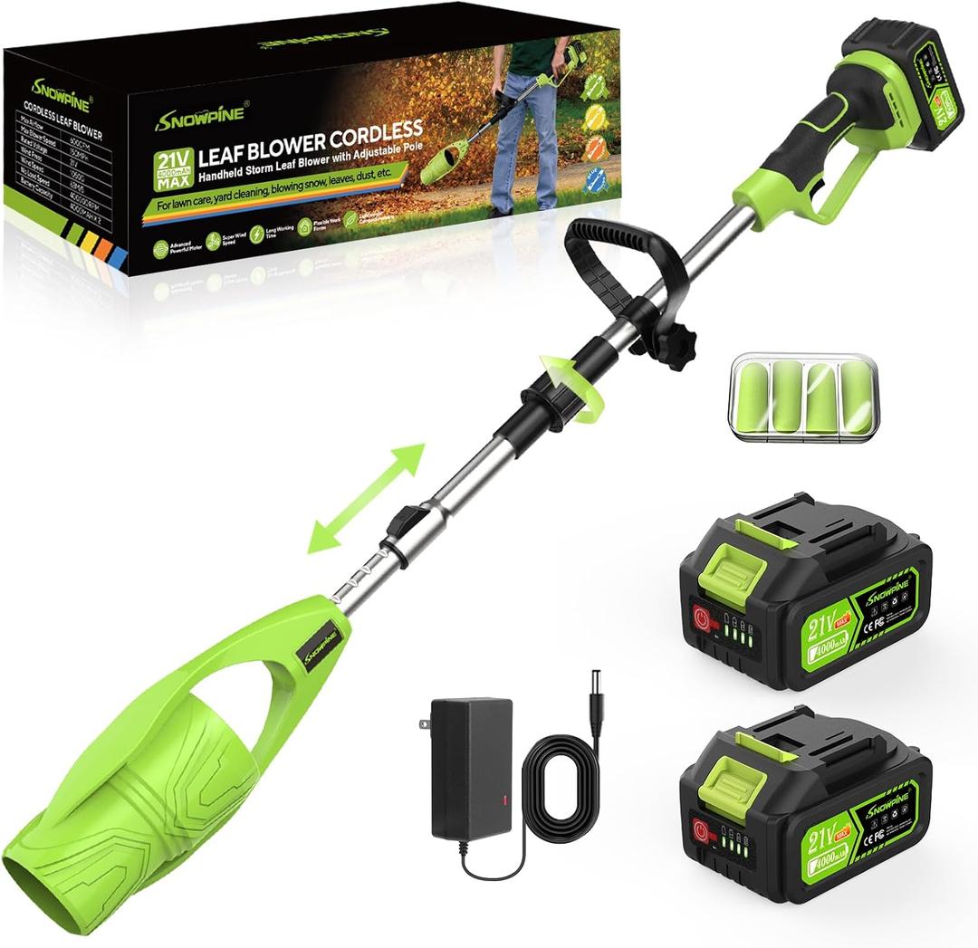 Cordless Leaf Blower,400000RPM Handheld Air Duster with Adjustable Pole,21V Max 4.0Ah*2 Batteries and Charger, Lightweight Air Broom for Easy Debris Removal, Lawn Care and Yard Cleaning, etc. (Green)