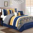Chezmoi Collection Arden 7-Piece Modern Pleated Stripe Embroidered Zigzag Bedding Comforter Set (Full, Navy/Gray/Yellow/White)