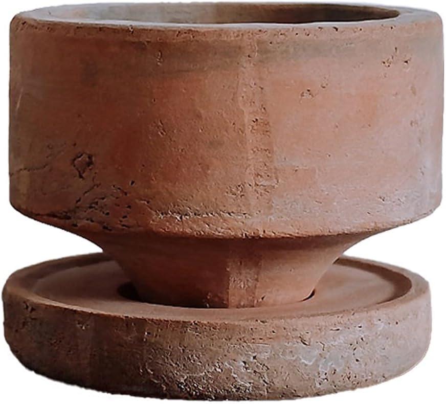 6" Rustic Weathered Terracotta Plant Pot with Drainage Saucer, Breathable Clay Planter, Mid-Century Modern Home & Garden Decor