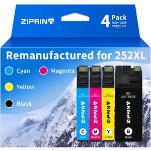ZIPRINT Remanufactured for 252XL Ink Cartridges Combo Pack Replacement for Epson 252 Ink Cartridges for Workforce WF-3620 WF-3640 WF-7110 WF-7610 WF-7620 WF-7710 WF-7720, 4-Pack(BK/C/M/Y) ZIPRINT Remanufactured for 252XL Ink Cartridges Combo Pack Replacement for Epson 252 Ink Cartridges for Workforce WF-3620 WF-3640 WF-7110 WF-7610 WF-7620 WF-7710 WF-7720, 4-Pack(BK/C/M/Y)
