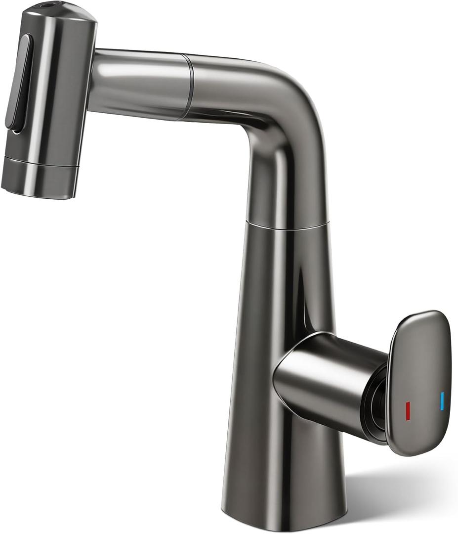 Alphabath Rotatable Bathroom Faucet with Pull Out Sprayer, Height Adjustable Bar Sink Faucet with 5 Modes, 360° Swivel, Spot-Free Finish & Anti-Splash, Great for Bathroom, Bar, Kitchen, Brushed Gray