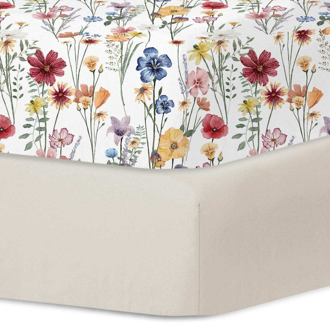 Little Grape Land Pack and Play Sheets Mini Crib Sheets Soft Breathable Pack N Play Sheets, Playard Fitted Sheet 2 Pack Stretchy Fits 38"x26" Playard Mattress, Spring Flower