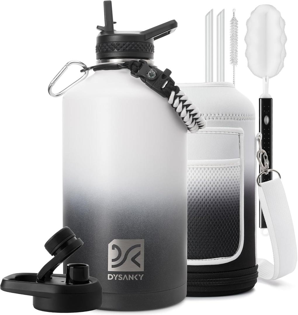 1 Gallon Insulated Water Bottle | Upgraded Thickened Stainless Steel Metal Portable Sports Large Water Jug for Gym and Hiking with Carrier Bag, Handle Strap | BPA-Free 128 oz (White/Black)