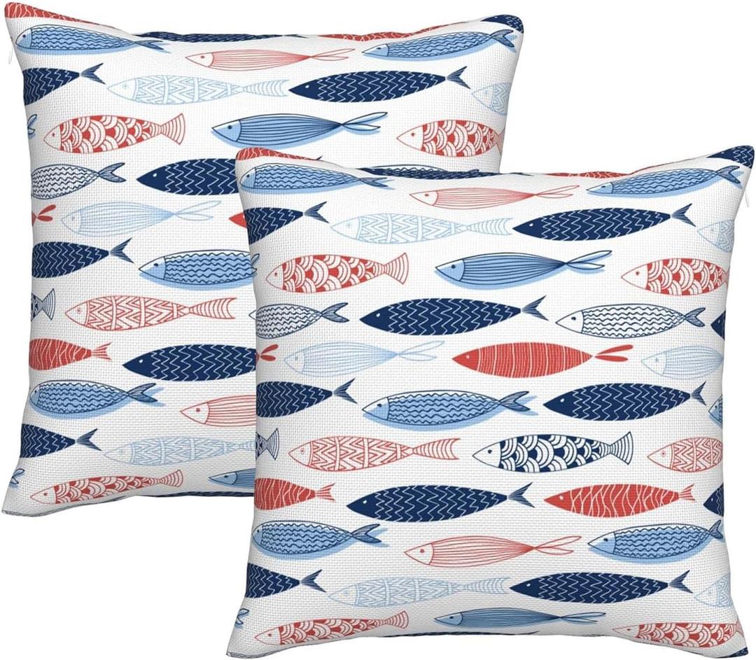 Fish Throw Pillow Covers Decorative Linen Pillow Cases Set of 2 Square Cushion Cover for Couch Sofa Bedroom Patio 18x18 Inch