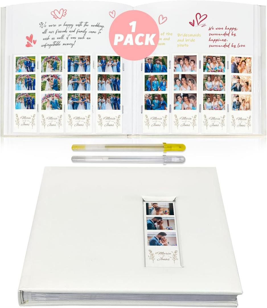 Photo Booth Scrapbook Album - 160 2x6 Photo Pockets with Writing Space, PU Leather Memory Book for Wedding, Parties, Travel, Family (White)