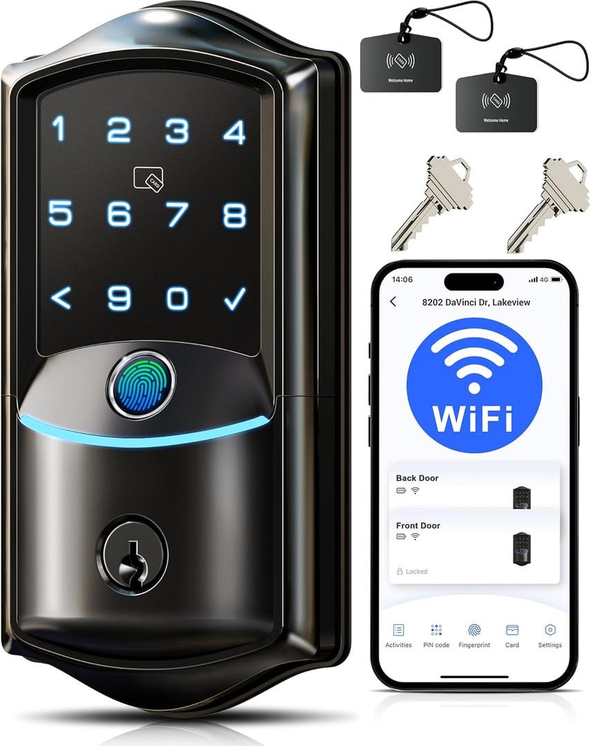Veise VE027 Built-in Wi-Fi Smart Lock, Fingerprint Keyless Entry Front Door Lock, App Remote Control, No Hub Needed, Keypad Deadbolt, IP65 Waterproof, BHMA Grade 3, Matte Black