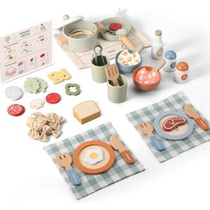 Wooden Play Cooking Set, Pretend Play Kitchen Accessories Toys Set for Kids Toddlers, Including Play Dishes, Pot and Pan, Utensils, Gifts for 3 4 5 Years Old Girls Boys