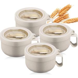 Maxdot 4 Pcs Microwave Ramen Bowl Microwavable Instant Soup Cups with Lids Large Soup Bowls with Handles Dishwasher Safe Mug for Cereal Food Container, (Wheat Color)