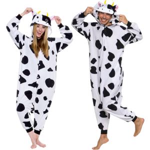 Funziez! Adult Onesie Halloween Costume Animal Dinosaur Shark Unisex Plush One Piece Cosplay Suit for Adults, Men and Women (Small, Cow)