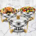 PTASYGK Round Chafing Dishes Buffet 3 Pack 5QT Gold Stainless Steel Lid | Keeps Food Warm for Hours, Stackable & Space-Saving, Lid Holder Included, Quick 5-Min Setup, Parties Catering Weddings Events