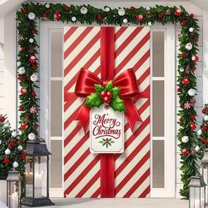 Christmas Door Cover 71x35 Inch Red White Gift Box Bow Door Banner, Candy Stripe Holiday Decoration for Front Door, Indoor Outdoor Winter Party Backdrop, Merry Christmas Door Hanging Decor