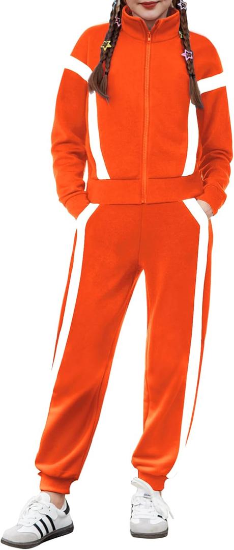 Zaclotre Girl's 2 Piece Outfits Zip Up Sweatsuit Contrast Striped Sweatshirt Sweatpant Sets Jogging Track Suit (9-10 Years, Orange)