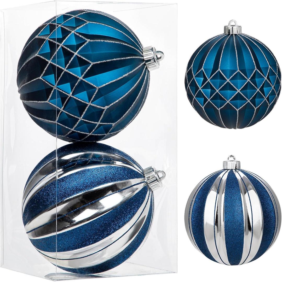 Briful 6'' Extra Large Christmas Ornaments for Trees Decorations, 2PCS Blue Oversized Shatterproof Hanging Balls for Xmas Winter Holiday Wedding Decor, Outdoor&Indoor Decorations