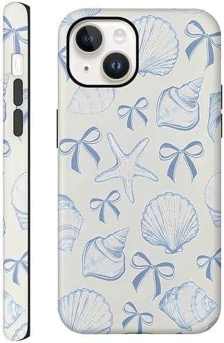 CAINAT Aesthetic Cases for iPhone 15 Plus/14 Plus, Blue Bow Seashell Design, Hard Hybrid 2-Layer Protective Cover for Women Girls