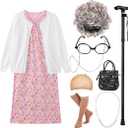 EBYTOP Old Lady Costume for Kids Halloween 100th Day of School Girls Dress up Granny Wig Grandma 100 Days Glasses Cane,1PK 46 Years