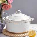 White Soup Tureen with Gold Design,Double Handle Soup Serving Bowl with Lid and Ladle Bone China Tableware,3.2L