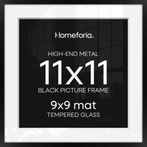 Homeforia 11x11 Picture Frame Black, High End Metal 11 by 11 Square Frames with Mat 9 x 9 Opening, 11by11 Poster Frames Matted to 9x9 inch Photo, Wall Hanging Frame, Tempered Glass, Wall Kit, Set of 1