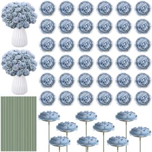 200 Pcs Flowers Long Stem Artificial Rose Bulk, 3.2 Inches Silk Rose Head Flowers Faux for Wedding Bridal Bouquet Independence Day Home Floral DIY Centerpieces Party Decoration(Dusty Blue)