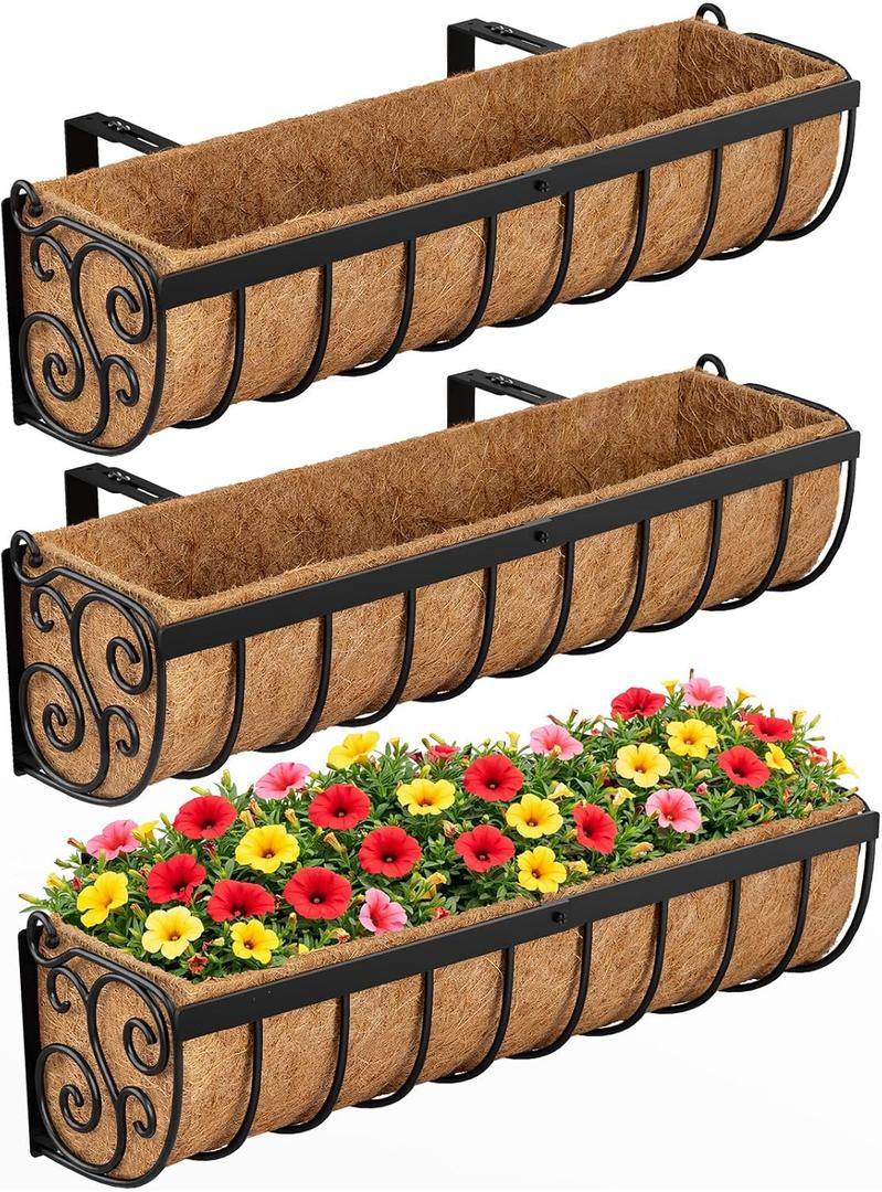 VOXOR Railing Planter Boxes, 24 Inch Window Boxes Planters, Balcony Planters with Adjustable Brackets & Coco Liner & Support Rod for Outdoor Fence, Deck, Porch, and Patio Gardening, 3 Pack