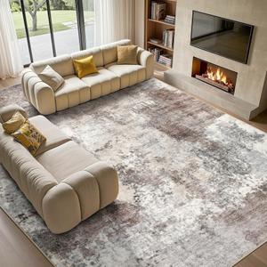Tortania Washable 10x14 Area Rug for Living Room: Modern Abstract Neutral Large Soft Thin Rugs - Non Slip Indoor Carpet for Bedroom Dining Room Office Nursery Home Floor Decoration - Gray Brown