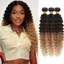 Ombre 3 Tone Brown and Honey Blonde Color Human Hair Bundles Deep Wave Bundles Brazilian Unprocessed Virgin Human Hair Quick Weave Extensions (3 Bundles 26 28 30 Inch 300g T1B/4/27 Color)