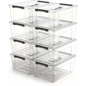 8 Pack 5 Quart Clear Plastic Storage Bins with Latching Lids, Stackable Small Storage Boxes for Closet, Pantry & Office Organization
