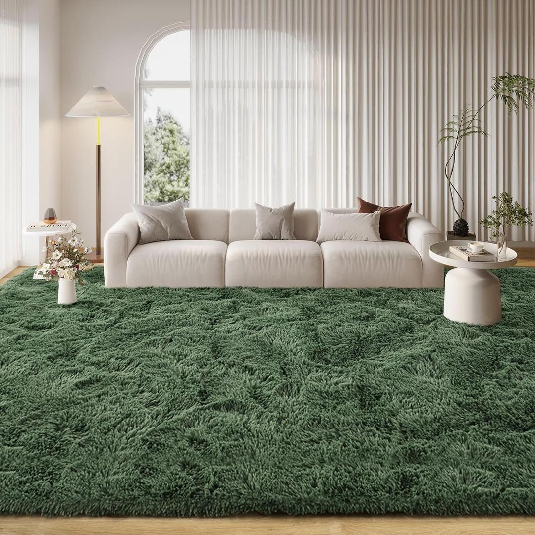 FinRec 8x10 Feet Green Rug for Living Room Bedroom, Fluffy Fuzzy Shag Rugs, Non-Slip Furry Shaggy Area Rug for Nursery Kids Room Dorm Room Home Decor, Indoor Floor Carpet