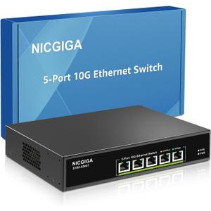 5 Port 10G Ethernet Switch Unmanaged,with 5X 10Gb Base-T RJ45 Ports, NICGIGA 10Gbps Network Switch Easy for 10G NAS,PC,WiFi7 Router,10G Adapter/NIC. Desktop or 19-inch Rack Mount, Plug and Play.