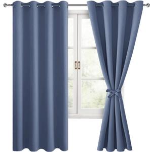Hiasan Blackout Curtains for Bedroom, 52 x 63 Inches Length - Thermal Insulated & Light Blocking Window Curtains for Living Room/Kids Room, 2 Drape Panels Sewn with Tiebacks, Blue Haze
