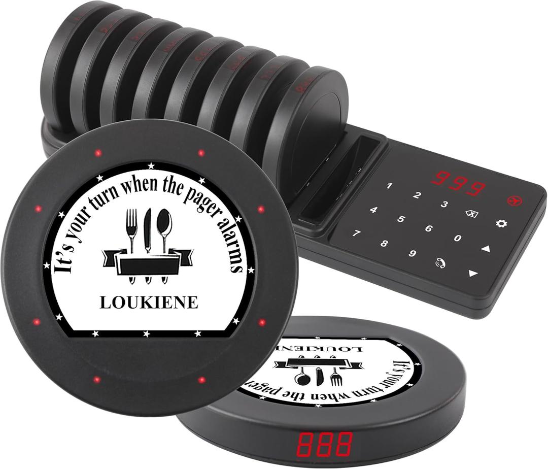 Restaurant Pager System, 10 Coaster Pagers, Wireless Beepers with Vibrate Flash Buzzer, Independent Quick Pairing Slot, for Food Truck Church Clinic Nursing Home Pub Bar