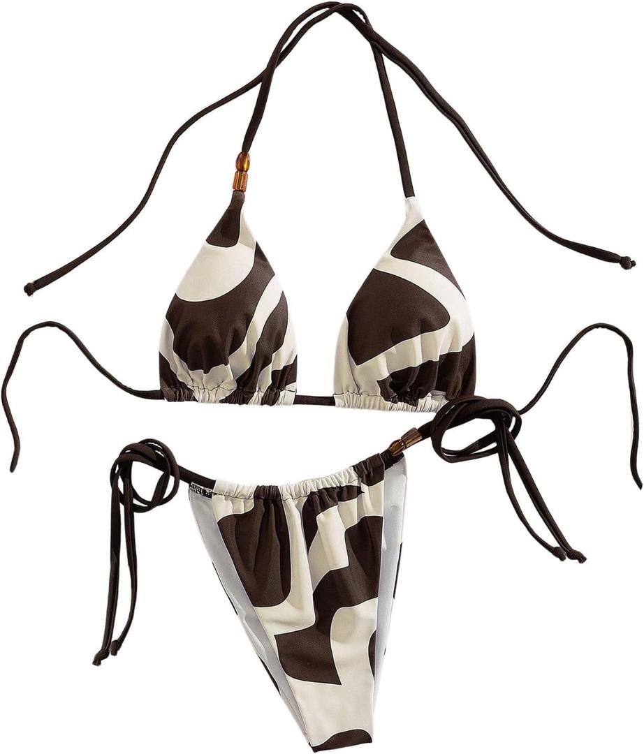 SOLY HUX Women's Two Piece Swimsuit Printed Halter Triangle String Bikini Set Tie Side Bathing Suit, Small
