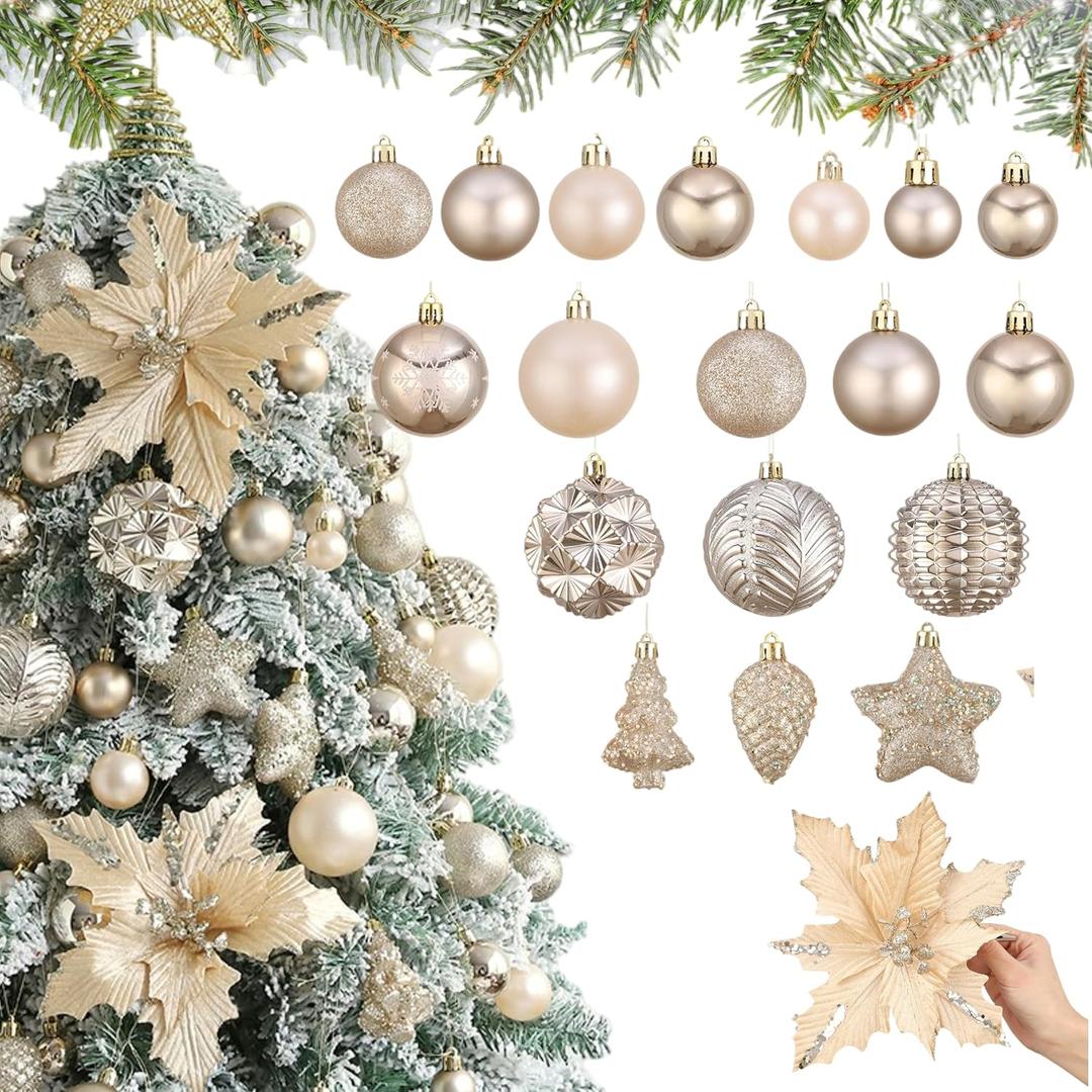 54ct Champagne Gold Christmas Ball Ornaments, Assorted Shatterproof Christmas Decorations Bulk Elegant Hanging Bulbs Ornaments with Artificial Christmas Flowers for Xmas Tree Holiday Party Decor