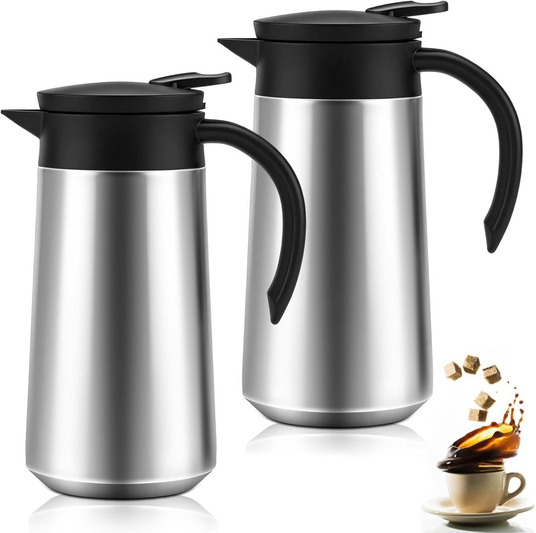Ziliny 2 Pcs 27oz Thermal Coffee Carafe Stainless Steel Coffee Pot for Keeping Hot/cold Insulated Double Walled Vacuum Tea Pot with Press Button Drink Beverage Dispenser for Milk Tea(Silver)