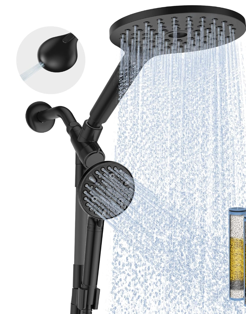 Dual Handheld Shower Head Combo, 2-in-1 Rain Shower Heads System 8 Inch Rainfall Shower Head and 10 Modes High Pressure Hand Held Showerhead with Built-in Power Wash (Black)