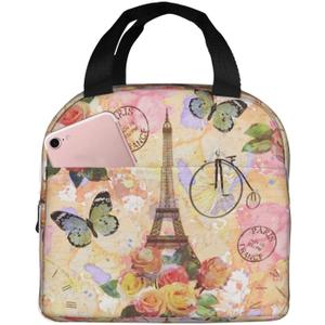 Paris Eiffel Tower Butterfly And Flowers Lunch Bag Compact Tote Bag Reusable Lunch Box Container For Women Men School Office Work 2 Packs