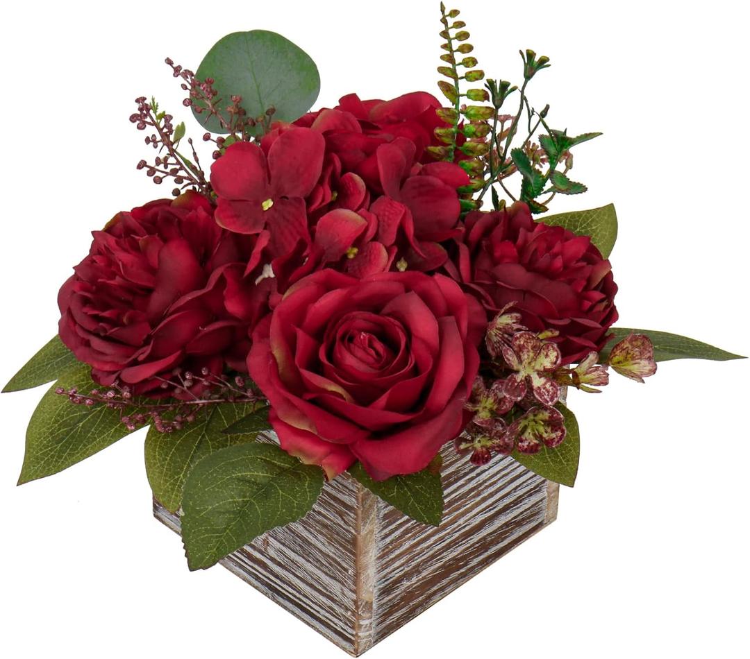 Flower Arrangement with Wooden Vase 8" Artificial Flowers in Pot - Fake Flowers Roses Peonies Hydrangeas in Wooden Vase Potted Artificial Flower Centerpieces for Table Decor Living Room - Red