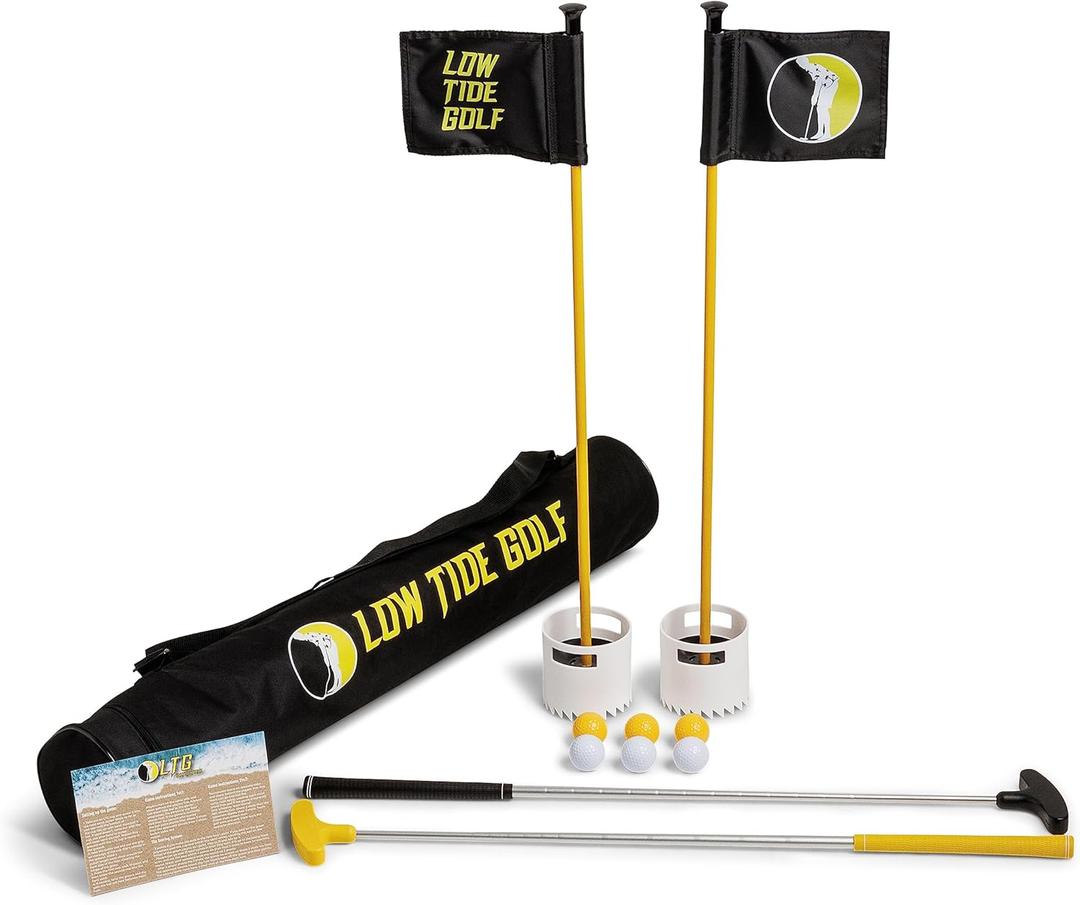 Low Tide Golf Set - America's Best Outdoor Beach Putting Game - Mini Golf on The Beach - Durable, Convenient, and Weatherproof - 2 Putters, 2 LTG Regulation Cups, Flags, Travel Bag, 6 Golf Balls