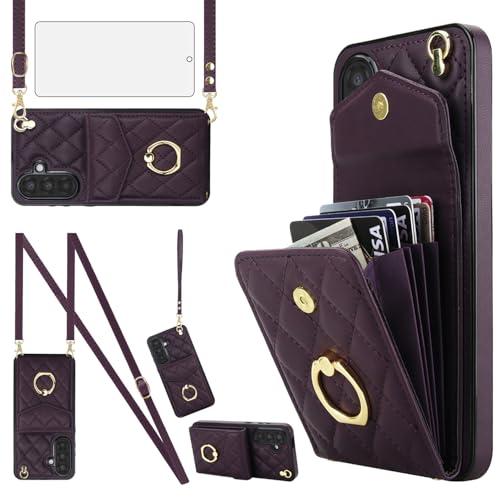 Asuwish Phone Case for Samsung Galaxy A17/A26 5G Wallet Cell Cover with Tempered Glass Screen Protector Wrist Strap Ring Stand RFID Blocking Card Holder A 17 26 17A 26A 4G Women Men Girls Dark Purple