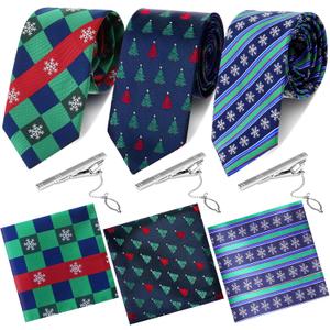 Berlune 3 Set Christmas Ties for Men Xmas Funny Holiday Necktie Pocket Square Tie Clips Set Vacation Festive Necktie Gift
