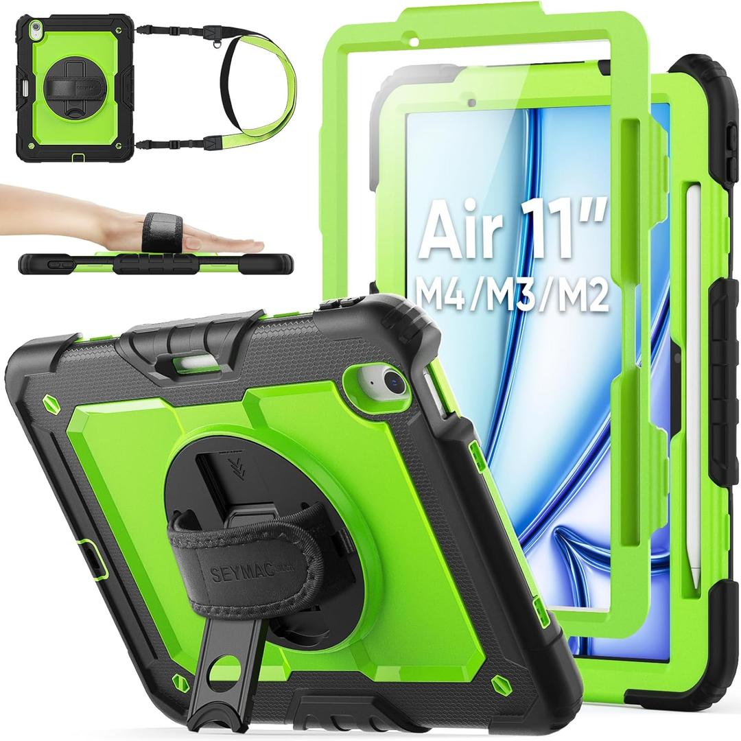 SEYMAC stock Case for iPad Air 11-inch M4-M2 2026-2024 (Gen 8-6), Shockproof Heavy Duty Case with Screen Protector, Pencil Holder, Rotating Stand, Hand Strap, Shoulder Strap, Green