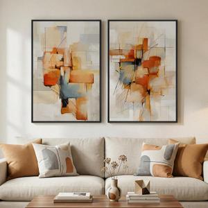 Large Framed Abstract Canvas Wall Art, 2 Piece Modern Prints Paintings Artwork for Walls, Minimalist Blue Orange Block Pictures for Living Room Dining Room Bedroom Hallway Wall Decor 24x36 In, 24" W x 36" H x 2Pcs