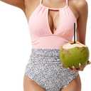 B2prity Women's One Piece Swimsuit Tummy Control Halter Bathing Suit Slimming Supportive Long Torso Friendly Swimwear Medium, Light Pink Print