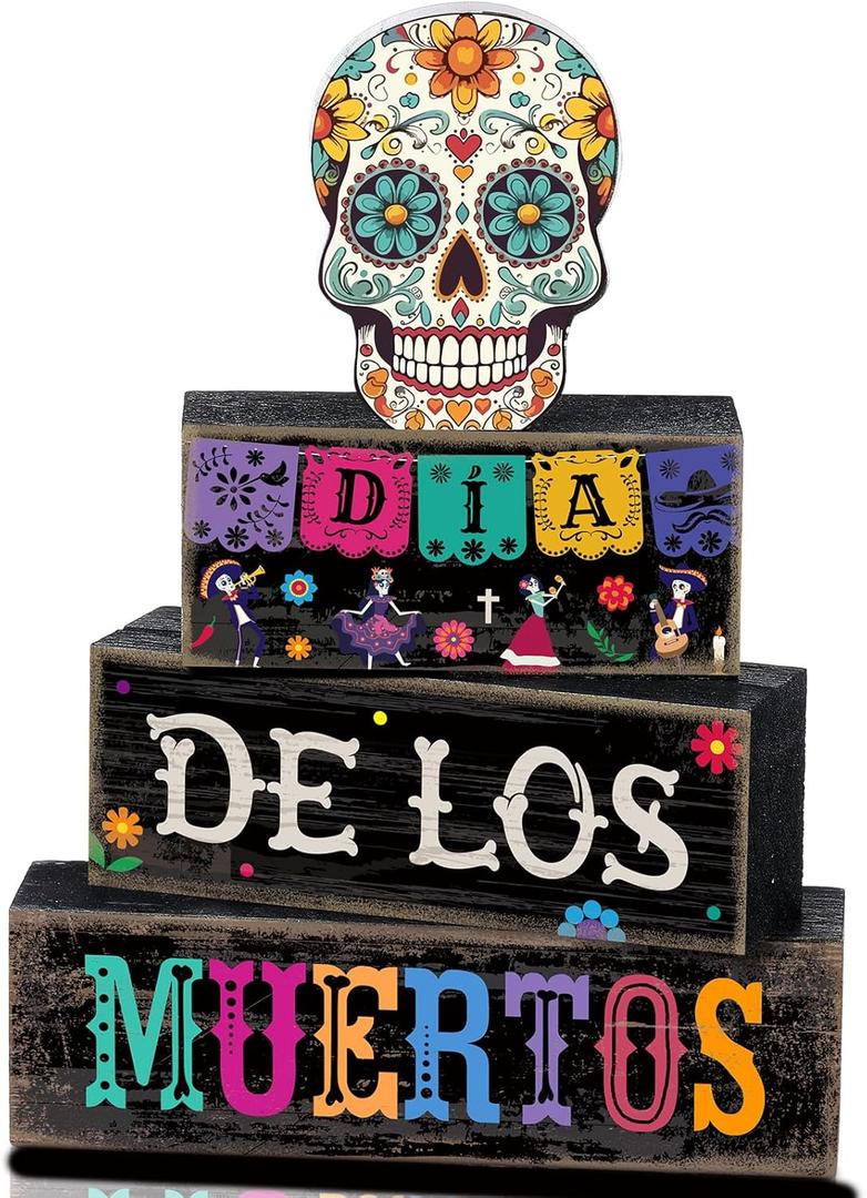 Lineshading 4 Pcs Day of The Dead Table Decorations Day of The Dead Centerpiece for Table Dia De Los Muertos Tiered Tray Decor Wood Sugar Skull Block Signs for Halloween Party Home Shelf Decoration